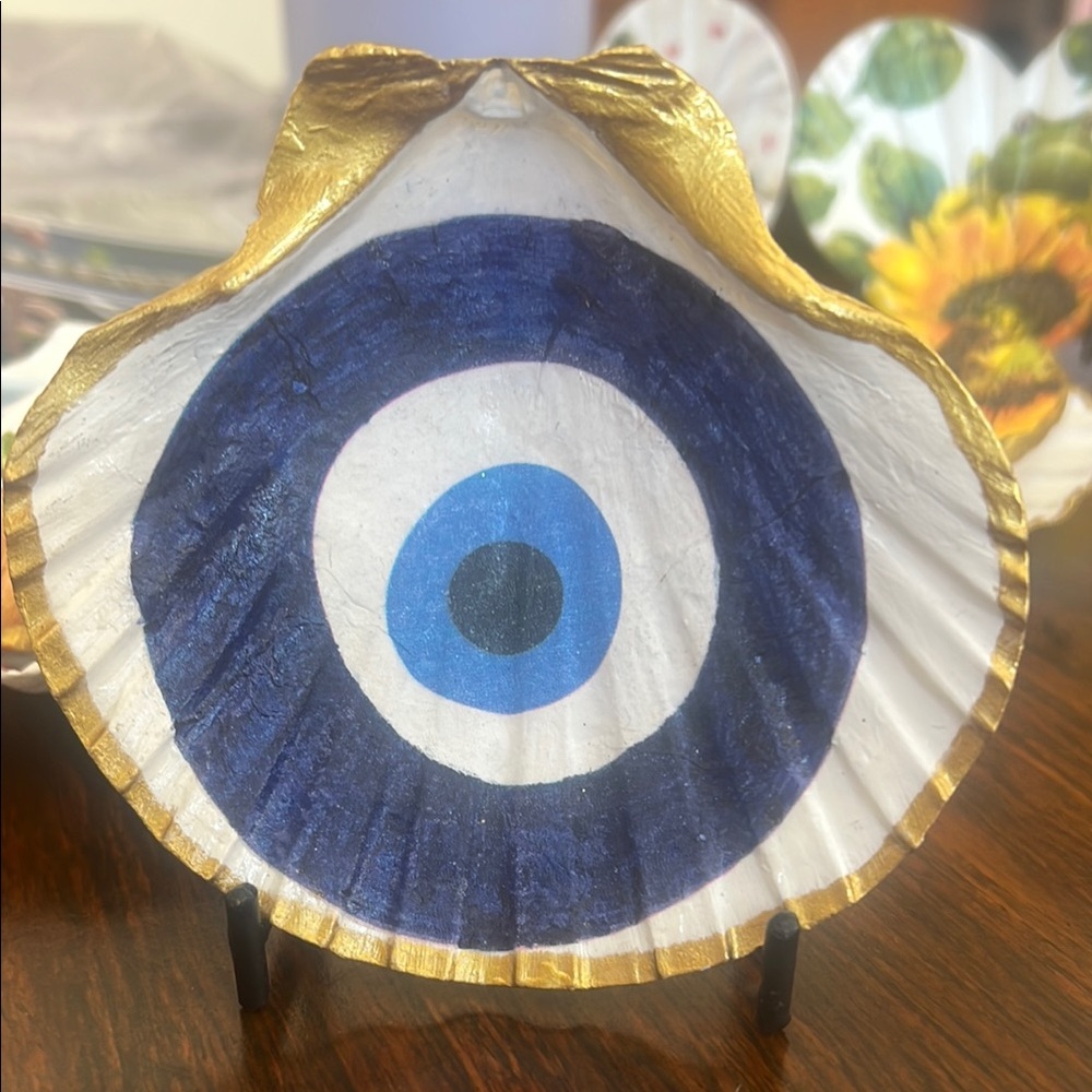 Gold and Blue organic Shell Decoration with Evil Eye Design - Picture 1 of 2
